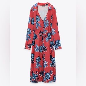 Zara Multicolored Floral Print Belted Midi Dress Size M